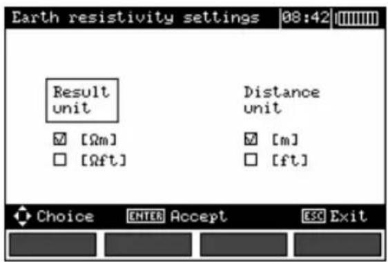 Earth resistivity settings 08:42 Result unit Distance unit [Ωm] [m] [Ωft] [ft] Choice ENTER Accept ESC Exit