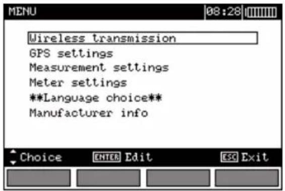 Wireless transmission GPS settings Measurement settings Meter settings **Language choice** Manufacturer info