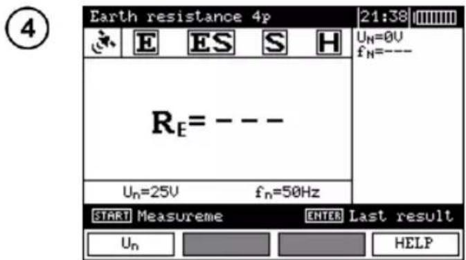 Earth resistance 4p 21:38 E ES S H Uₙ=0V fₙ=--- Rₑ= --- Uₙ=25V fₙ=50Hz START Measureme ENTER Last result Uₙ HELP
