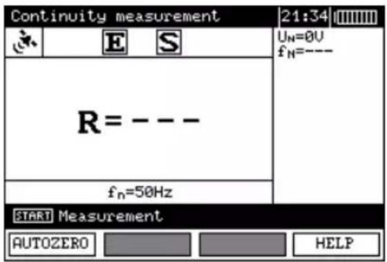 Continuity measurement 21:34 U_N=0U f_N=--- R= --- f_n=50Hz START Measurement AUTOZERO HELP