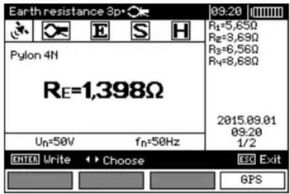 Earth resistance 3p 09:20 R1=5,65Ω Re=8,69Ω Rs=6,56Ω Rq=8,68Ω Pylon 4N RE=1,398Ω Un=50V fn=50Hz 2015.09.01 09:20 1/2 ENTER Write Choose ESC Exit GPS
