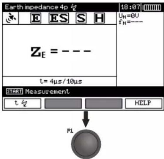 Earth impedance 4p E E S H U_N=0V f_N=--- Z_E = --- t= 4μs/10μs START Measurement t 向 HELP F1