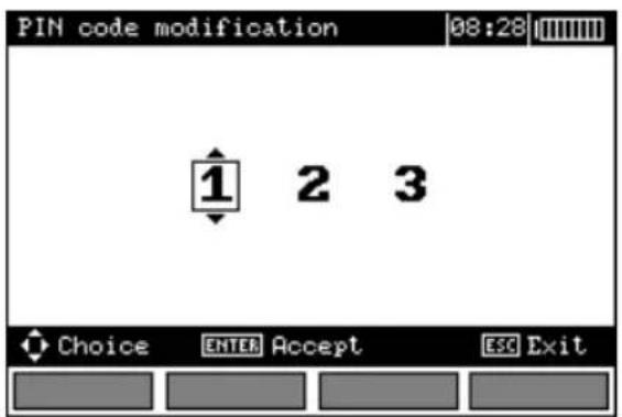 PIN code modification 08:28 1 2 3 Choice ENTER Accept ESC Exit