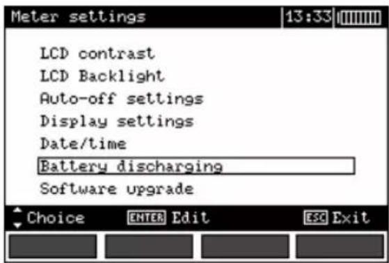 Meter settings 13:33 LCD contrast LCD Backlight Auto-off settings Display settings Date/time Battery discharging Software upgrade Choice ENTER Edit ESC Exit