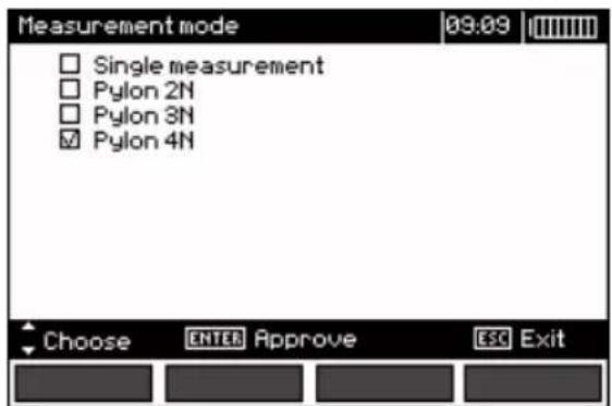Measurement mode □ Single measurement □ Pylon 2N □ Pylon 3N ✓ Pylon 4N Choose ENTER Approve ESC Exit