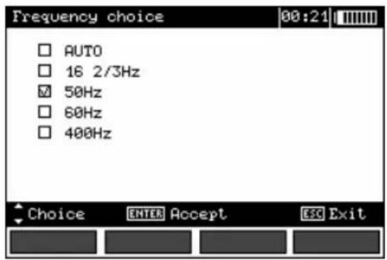 Frequency choice AUTO 16 2/3Hz 50Hz 60Hz 400Hz Choice ENTER Accept ESC Exit