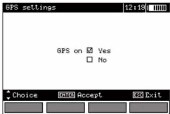 GPS settings 12:19 GPS on ✓ Yes ☐ No Choice ENTER Accept ESC Exit