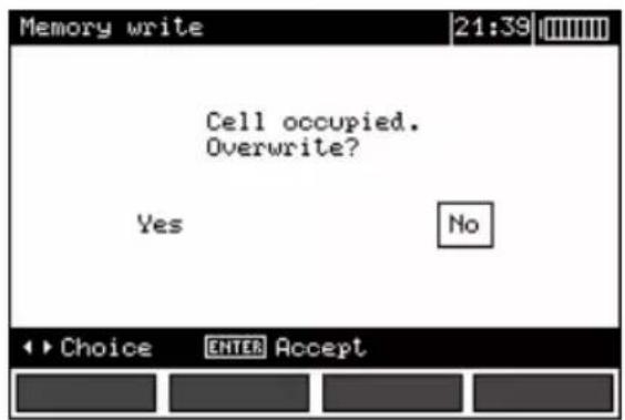 Memory write 21:39 Cell occupied. Overwrite? Yes No Choice ENTER Accept