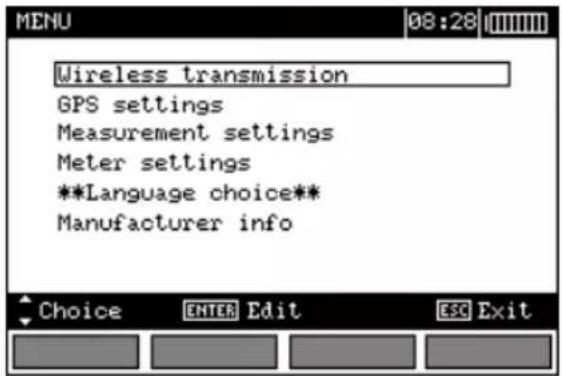 Wireless transmission GPS settings Measurement settings Meter settings **Language choice** Manufacturer info