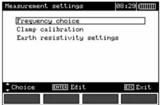 Measurement settings 08:29 Frequency choice Clamp calibration Earth resistivity settings Choice ENTER Edit ESC Exit