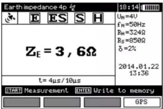 Earth impedance 4p 18:14 UH=4V fN=50Hz RH=324Ω RS=850Ω δ=2% 2014.01.22 13:36 t= 4μs/10μs START Measurement ENTER Write to memory GPS