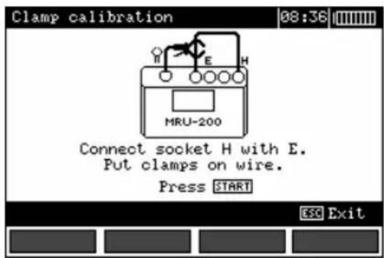 Clamp calibration 08:36 MRU-200 Connect socket H with E. Put clamps on wire. Press START ESC Exit