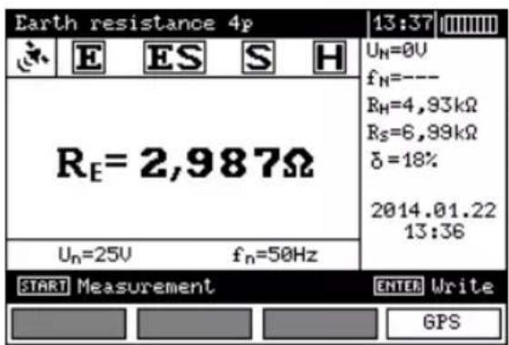 Earth resistance 4p 13:37 Uₙ=0V fₙ=--- Rₕ=4,93kΩ Rₛ=6,99kΩ δ=18% 2014.01.22 13:36 Rₑ=2,987Ω Uₙ=25V fₙ=50Hz START Measurement ENTER Write GPS
