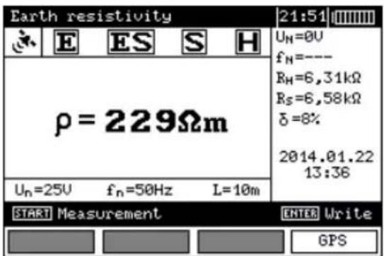 Earth resistivity 21:51 Uₙ=0V fₙ=--- Rₕ=6,31kΩ Rₛ=6,58kΩ δ=8% 2014.01.22 13:36 ρ = 229Ωm Uₙ=25V fₙ=50Hz L=10m START Measurement ENTER Write GPS