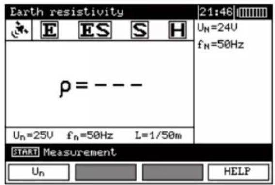Earth resistivity 21:46 Uₙ=24V fₙ=50Hz ρ = --- Uₙ=25V fₙ=50Hz L=1/50m START Measurement Uₙ HELP