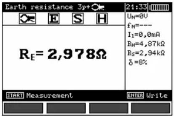 Earth resistance 3p+ 21:33 UN=0V fH=--- I1=0,0mA RH=4,87kΩ Rs=2,94kΩ δ=8% RE=2,978Ω START Measurement ENTER Write