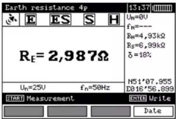 Earth resistance 4p 13:37 Uₙ=0V fₙ=--- Rₕ=4,93kΩ Rₛ=6,99kΩ δ=18% N51'07.955 £016'56.899 Uₙ=25V fₙ=50Hz START Measurement ENTER Write Date