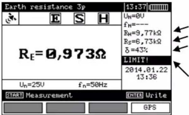 Earth resistance 3p 13:37 U_N=0V f_N=--- R_H=9,77kΩ R_S=6,73kΩ δ=43% LIMIT! 2014.01.22 13:36 U_n=25V f_n=50Hz START Measurement ENTER Write GPS