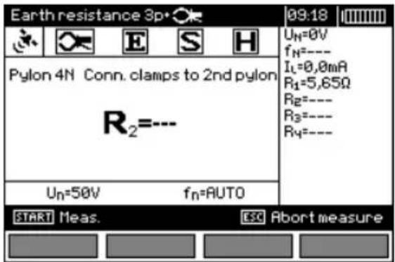Earth resistance 3p 09:18 Pylon 4N Conn. clamps to 2nd pylon R₂=--- Uₙ=50V fₙ=AUTO START Meas. ESC Abort measure