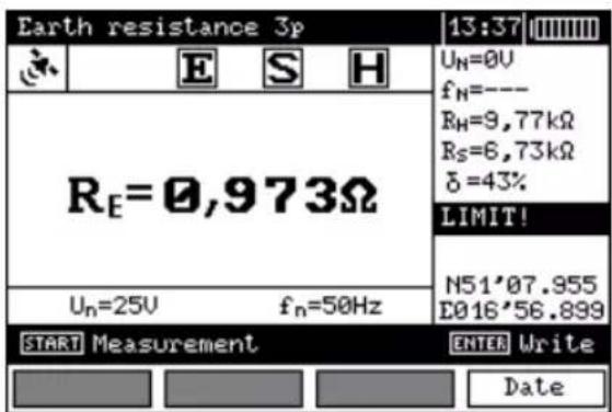 Earth resistance 3p 13:37 Uₙ=0V fₙ=--- Rₕ=9,77kΩ Rₛ=6,73kΩ δ=43% LIMIT! N51'07.955 E016'56.899 Uₙ=25V fₙ=50Hz START Measurement ENTER Write Date