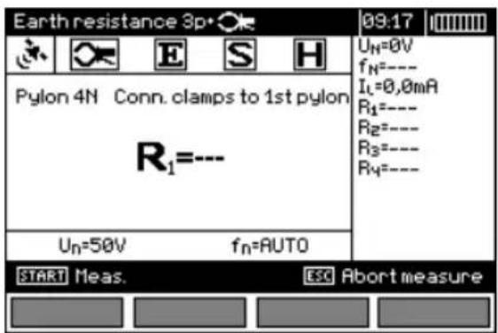Earth resistance 3p 09:17 Pylon 4N Conn. clamps to 1st pylon R₁=--- Uₙ=50V fₙ=AUTO START Meas. ESC Abort measure