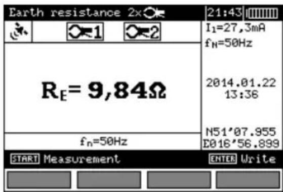 Earth resistance 2x I1=27.3mA fN=50Hz RE=9,84Ω 2014.01.22 13:36 N51'07.955 E016'56.899 fn=50Hz START Measurement ENTER Write