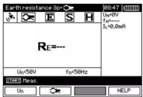 Earth resistance 3p UN=0V fN=--- Ic=0.0mA RE=--- UN=50V fn=50Hz START Meas. Un HELP