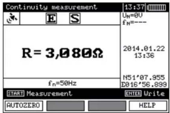 Continuity measurement 13:37 U_N=0V f_N=--- 2014.01.22 13:36 N51'07.955 E016'56.899 R = 3,080Ω f_n=50Hz START Measurement ENTER Write AUTOZERO HELP