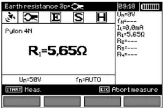 Earth resistance 3p Pylon 4N R₁=5,65Ω Uₙ=50V fₙ=AUTO START Meas. ESC Abort measure 09:18 Uₙ=0V fₙ=--- Iₗ=0,0mA R₁=5,65Ω R₂=--- R₃=--- R₄=---