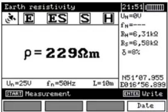 Earth resistivity 21:51 Uₙ=0V fₙ=--- Rₕ=6,31kΩ Rₛ=6,58kΩ δ=8% ρ = 229Ωm Uₙ=25V fₙ=50Hz L=10m N51'07.955 E016'56.899 START Measurement ENTER Write Date