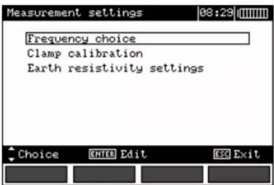 Measurement settings 08:29 Frequency choice Clamp calibration Earth resistivity settings Choice ENTER Edit ESC Exit