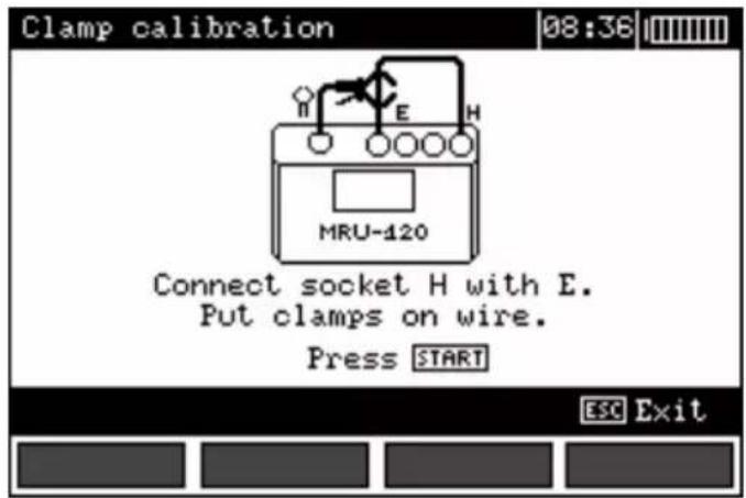 Clamp calibration 08:36 MRU-120 Connect socket H with E. Put clamps on wire. Press START ESC Exit