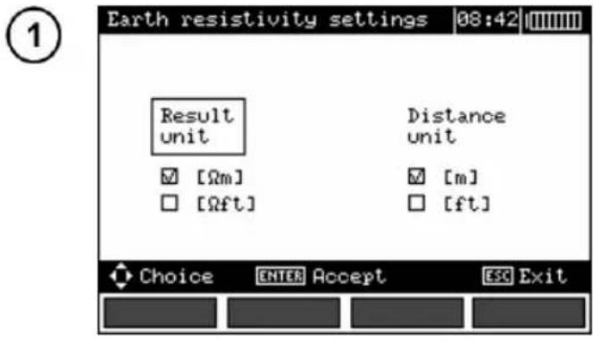 Earth resistivity settings 08:42 Result unit Distance unit ✓ [Ωm] ✓ [m] □ [Ωft] □ [ft] Choice ENTER Accept ESC Exit