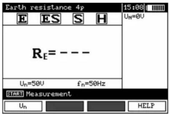 Earth resistance 4p 15:08 E ES S H Uₙ=0V Rₑ= --- Uₙ=50V fₙ=50Hz START Measurement Uₙ HELP