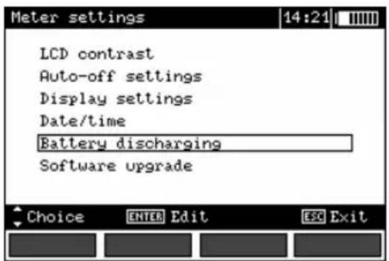Meter settings 14:21 LCD contrast Auto-off settings Display settings Date/time Battery discharging Software upgrade Choice ENTER Edit ESC Exit