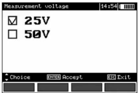 Measurement voltage 14:54 25V 50V Choice ENTER Accept ESC Exit