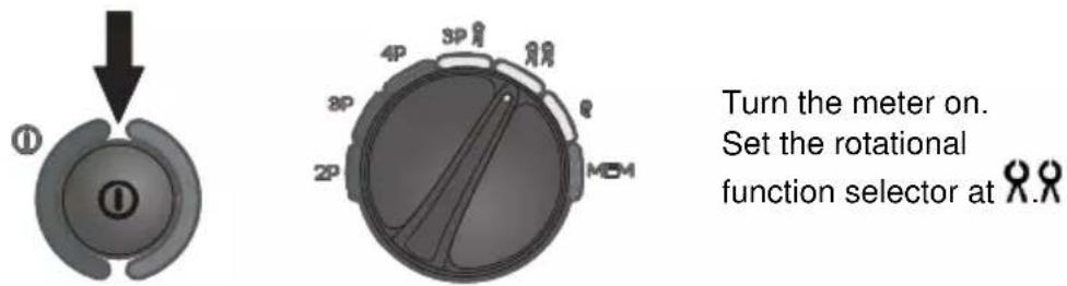 Turn the meter on. Set the rotational function selector at R.R
