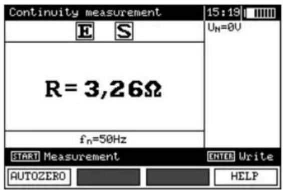 Continuity measurement 15:19 U_N=0V R = 3,26Ω f_n=50Hz START Measurement ENTER Write AUTOZERO HELP