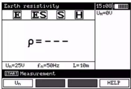 Earth resistivity E ES S H 15:08 Uₙ=0V ρ = --- Uₙ=25V fₙ=50Hz L=10m START Measurement Uₙ HELP