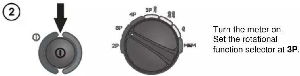 Turn the meter on. Set the rotational function selector at 3P.