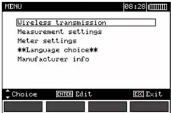 Wireless transmission Measurement settings Meter settings **Language choice** Manufacturer info