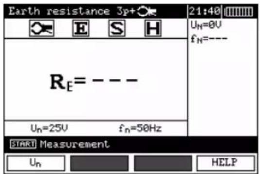 Earth resistance 3p+ 21:40 Uₙ=0V fₙ=--- Rₑ= --- Uₙ=25V fₙ=50Hz START Measurement Uₙ HELP