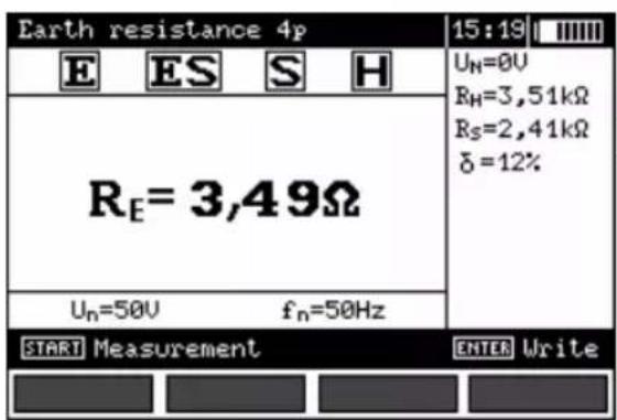 Earth resistance 4p E ES S H R_E = 3,49Ω U_n=50V f_n=50Hz 15:19 U_n=0V R_H=3,51kΩ R_S=2,41kΩ δ=12% START Measurement ENTER Write