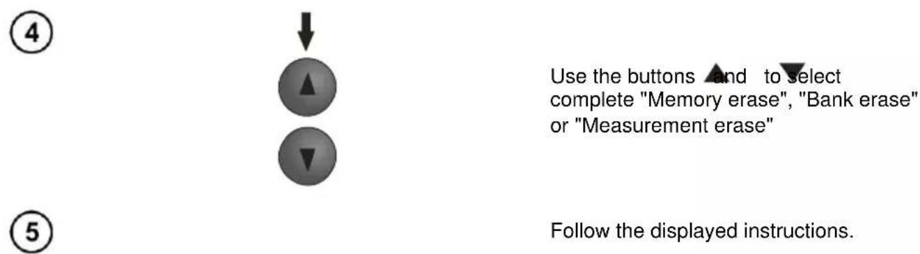 Use the buttons ▲ and to select complete "Memory erase", "Bank erase" or "Measurement erase" Follow the displayed instructions.