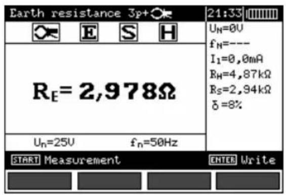 Earth resistance 3p+ 21:33 UN=0V fN=--- I1=0,0mA RH=4,87kΩ Rs=2,94kΩ δ=8% RE=2,978Ω Un=25V fn=50Hz START Measurement ENTER Write