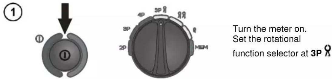 Turn the meter on. Set the rotational function selector at 3P