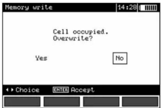 Memory write 14:28 Cell occupied. Overwrite? Yes No Choice ENTER Accept