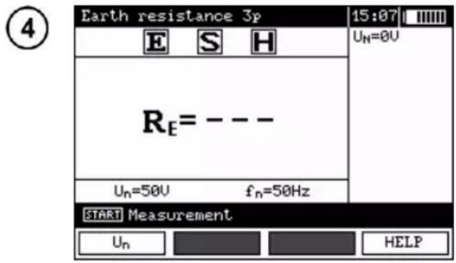 Earth resistance 3p 15:07 E S H Uₙ=0V Rₑ= --- Uₙ=50V fₙ=50Hz START Measurement Uₙ HELP