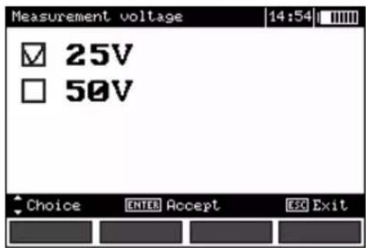 Measurement voltage 14:54 25V 50V Choice ENTER Accept ESC Exit