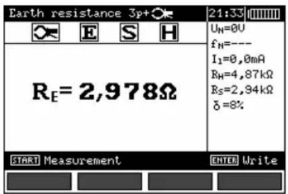 Earth resistance 3p+ 21:33 U_H=0V f_H=--- I_1=0,0mA R_H=4,87kΩ R_S=2,94kΩ δ=8% R_E=2,978Ω START Measurement ENTER Write